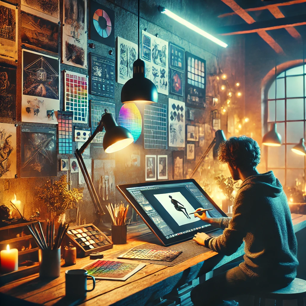 Une illustration très collorée composée de palettes de peinture, pinseau, écrans... Au centre un visage de profil regardant vers gauche dans un univers digital abstrait. C'est ainsi que Terradoxa représente son espace de créativité. Cet accès est privé.